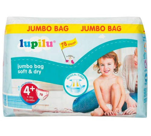 Підгузники Lupilu Soft&Dry Jumbo BAG 4+ (9-18кг) 78 шт