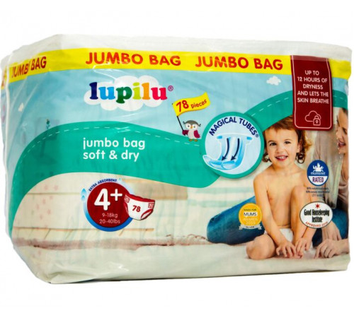 Подгузники Lupilu Soft&Dry Jumbo BAG 4+ (9-18кг) 78 шт