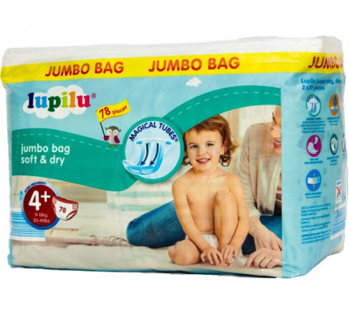 Підгузники Lupilu Soft&Dry Jumbo BAG 4+ (9-18кг) 78 шт