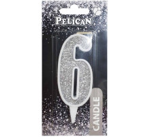 Свічка на торт Pelican 867026 цифра 6 срібло