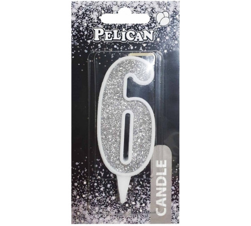 Свічка на торт Pelican 867026 цифра 6 срібло