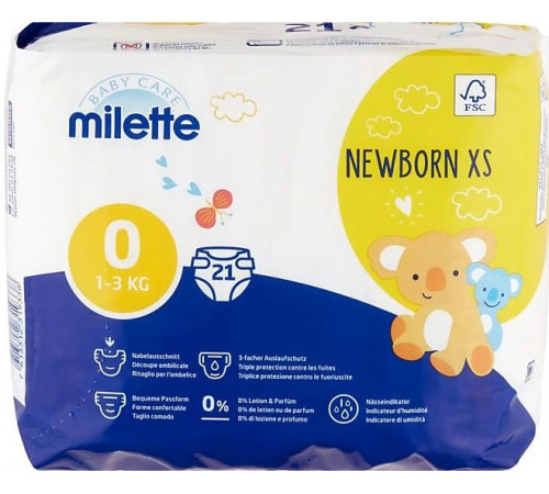 Подгузники Milette Baby Care 0 (1-3 кг) 21 шт