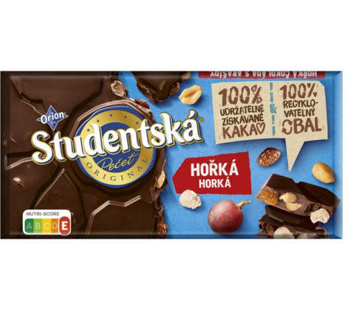 Шоколад Studentska Pecet Original hořká s arasidmi zele a hrozienkami 170 г