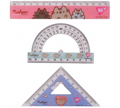 Набір геометричний Yes Pusheen 3 предмети лінійка 15 см