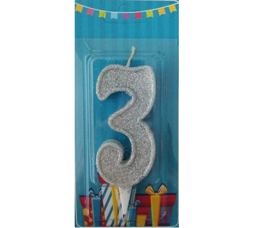 Свічка на торт цифра 3 срібло