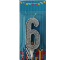 Свічка на торт цифра 6 срібло