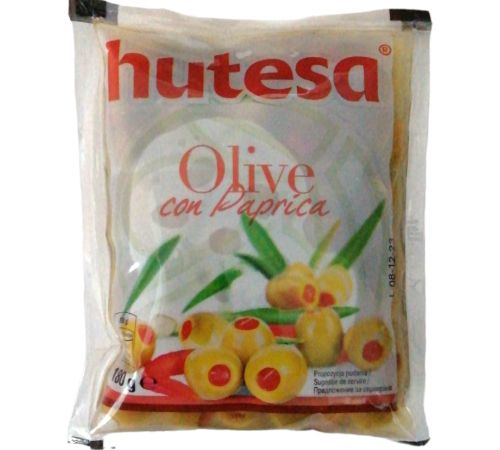 Оливки зеленые с паприкой без косточек Hutesa 180 г пакет