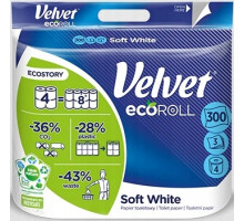 Туалетний папір Velvet Soft white 3 шари 300 відривів 4 рулони