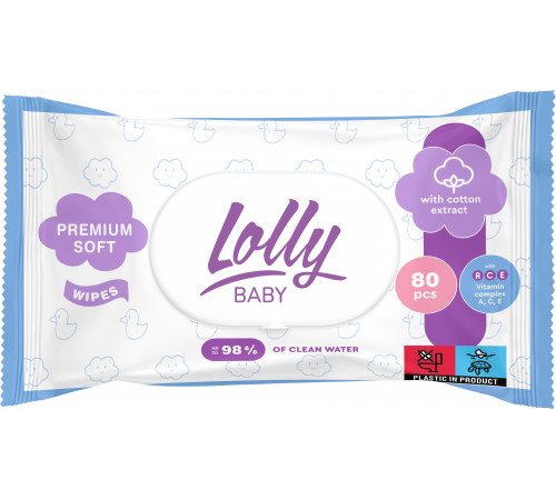 Серветки вологі дитячі Lolly Premium Soft з клапаном 80 шт