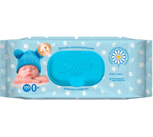 Детские влажные салфетки Smile Baby с экстрактом Ромашки и Алоэ с клапаном 100 шт