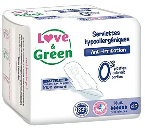 Гігієнічні прокладки Love & Green Hypoallergenic Night 10 шт 6 капель