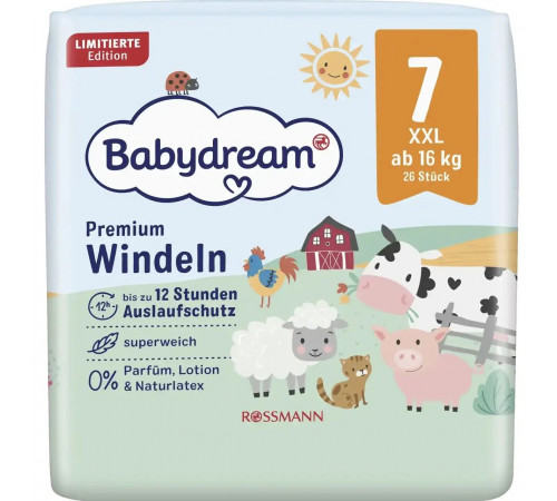 Подгузники Babydream Premium 7 (16+ кг) 26 шт