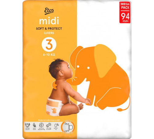 Підгузники Etos Mega Pack 3 Midi (6-10 кг) 94 шт