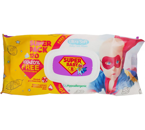 Влажные салфетки детские Super Baby SuperPack Ромашка и алоэ с клапаном 120 шт