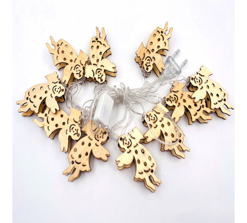 Гірлянда з дерев'яними фігурками RV-79-2 (10 шт Ангелочки, прозорий шнур, 2 м, USB, тепле світло)