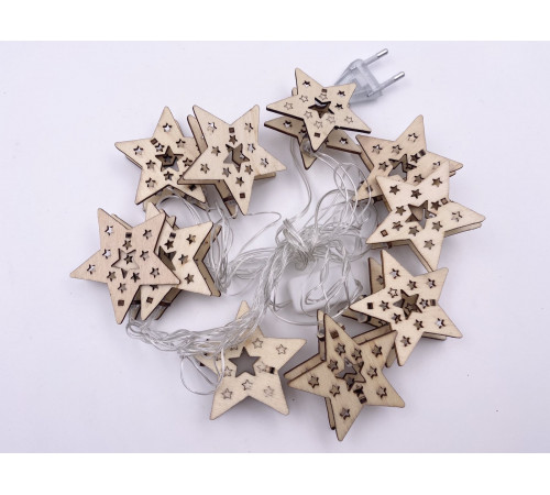 Гірлянда з дерев'яними фігурками RV-79-4 (10 шт Зірки, прозорий шнур, 2 м, USB, тепле світло)