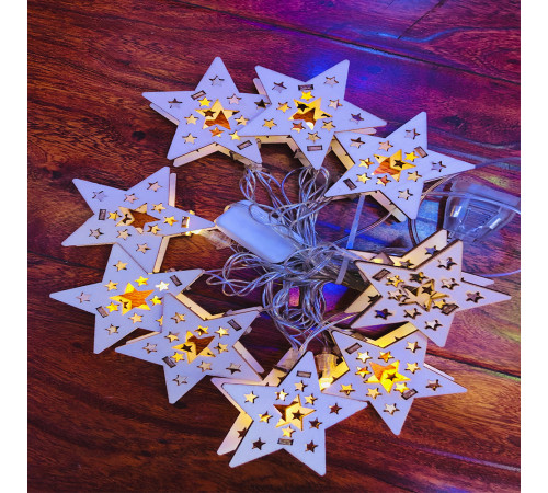 Гірлянда з дерев'яними фігурками RV-79-4 (10 шт Зірки, прозорий шнур, 2 м, USB, тепле світло)