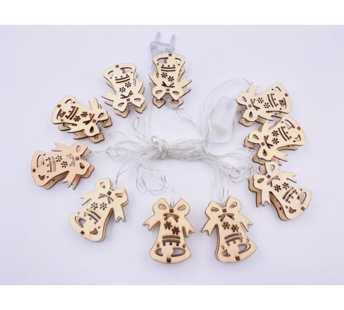 Гірлянда з дерев'яними фігурками RV-79-3 (10 шт Дзвіночки, прозорий шнур, 2 м, USB, тепле світло)