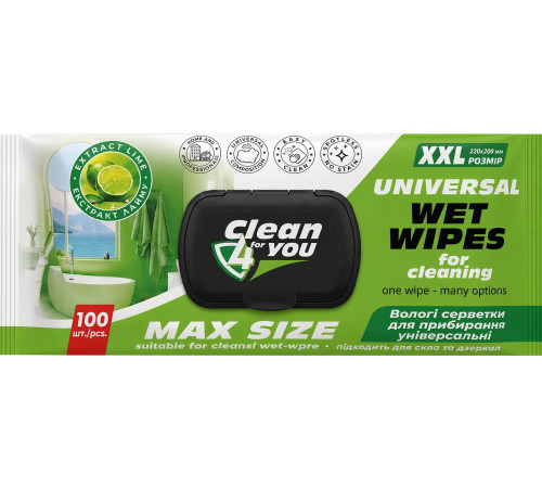 Вологі серветки для прибирання Clean 4 You з екстрактом Лайму 100 шт