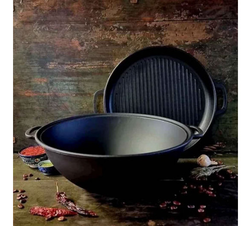 Казан чавунний S&T T405CPGr узбецький WOK з кришкою-сковородою гриль 8 л