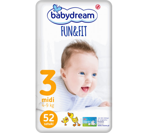 Подгузники Babydream Fun&Fit (3) midi 4-9кг 52 шт