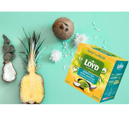 Чай зелений Loyd Матча, Ананас, Кокос у пірамідках 20 шт х 1.5 г