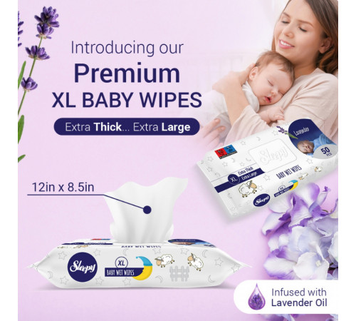 Вологі серветки дитячі Sleepy Lavender Extra XL з клапаном 50 шт