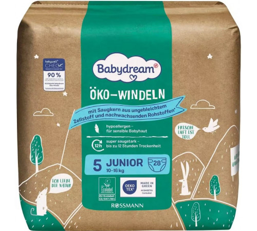 Екологічні біорозкладні підгузки Babydream 5 (10-16 кг) 28 шт