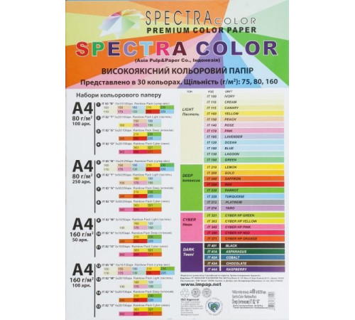 Бумага офисная цветная Spectra А-4 80г/м2 5 цветов по 20 листов