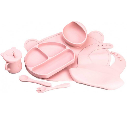Набор силиконовой посуды для детей Мишка 7 предметов Розовый