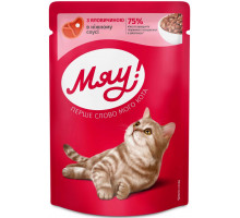 Влажный корм для взрослых кошек Мяу! с Говядиной в нежном соусе 85 г