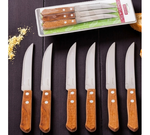 Набір стейкових ножів Kamille КМ5300 з дерев'яною ручкою 6 шт