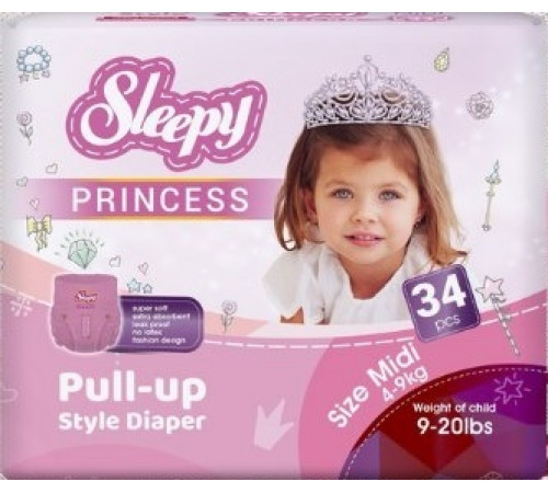 Підгузки-трусики Sleepy Princess 3 (4-9 кг) 34 шт Підгузки-трусики Sleepy Princess 3 (4-9 кг) 34 шт