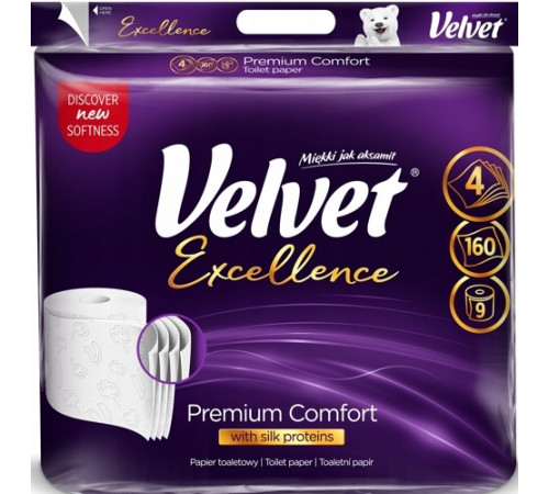 Туалетная бумага Velvet Excellence Premium Comfort 4 слоя 9 рулонов Туалетная бумага Velvet Excellence Premium Comfort 4 слоя 9 рулонов