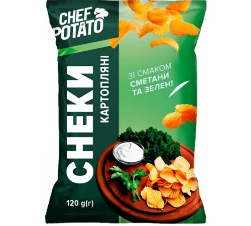 Снеки картопляні Chef Potato зі смаком Сметани та Зелені 120 г Снеки картопляні Chef Potato зі смаком Сметани та Зелені 120 г