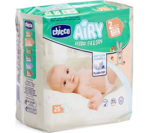 Подгузники Chicco Airy Ultra Fit & Dry 2 (3-6 кг) 25 шт Подгузники Chicco Airy Ultra Fit & Dry 2 (3-6 кг) 25 шт