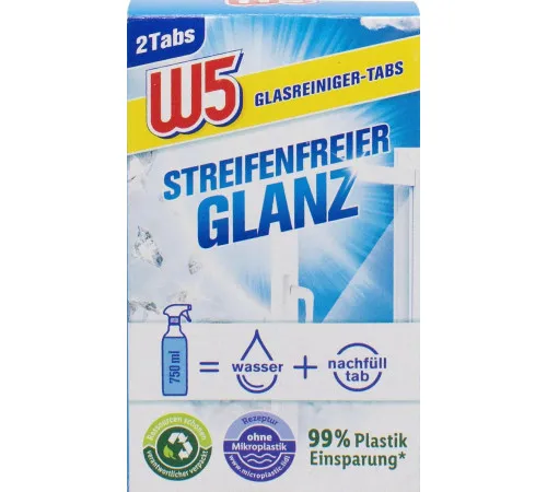 Таблетки для миття скла та скляних поверхонь W5 Streifenfreier Glanz 2 х 5 г Таблетки для миття скла та скляних поверхонь W5 Streifenfreier Glanz 2 х 5 г